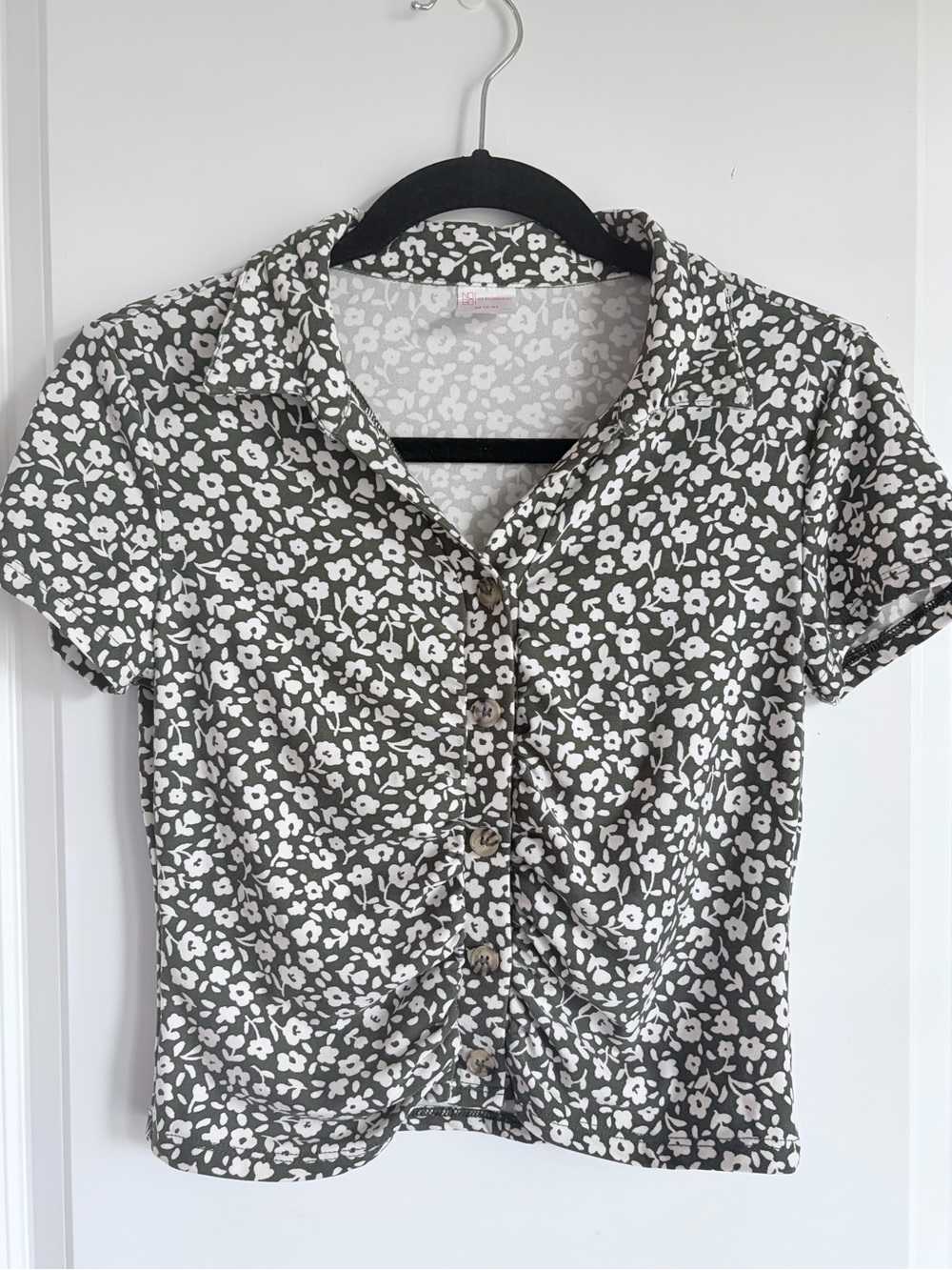 Olive Green Floral Button-Front Short Sleeve Top